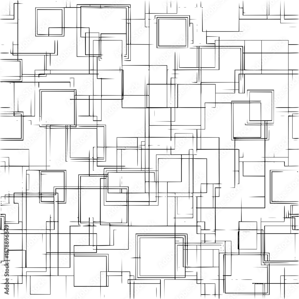 Poster overlapping squares and lines creating a complex geometric pattern in black and white colors design