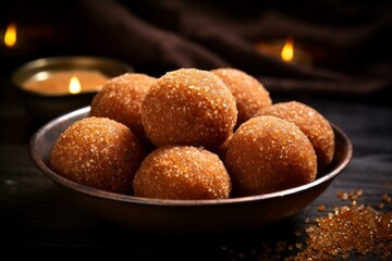 Bowl of traditional indian sweets, illuminated by the warm glow of diwali candles, creating a festive and inviting atmosphere