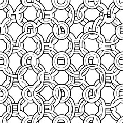 Seamless pattern of interlocking circles and shapes in black and white creating a chain like effect