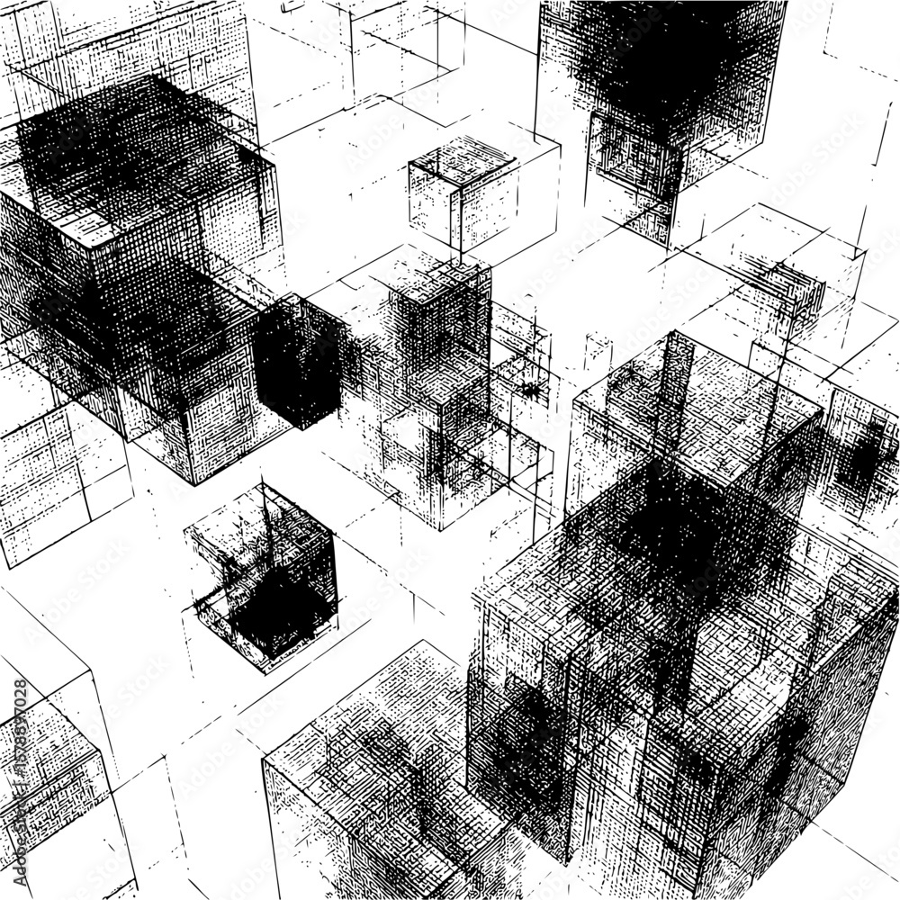 Poster abstract monochrome illustration of multiple wireframe cubes in varying sizes and densities on white