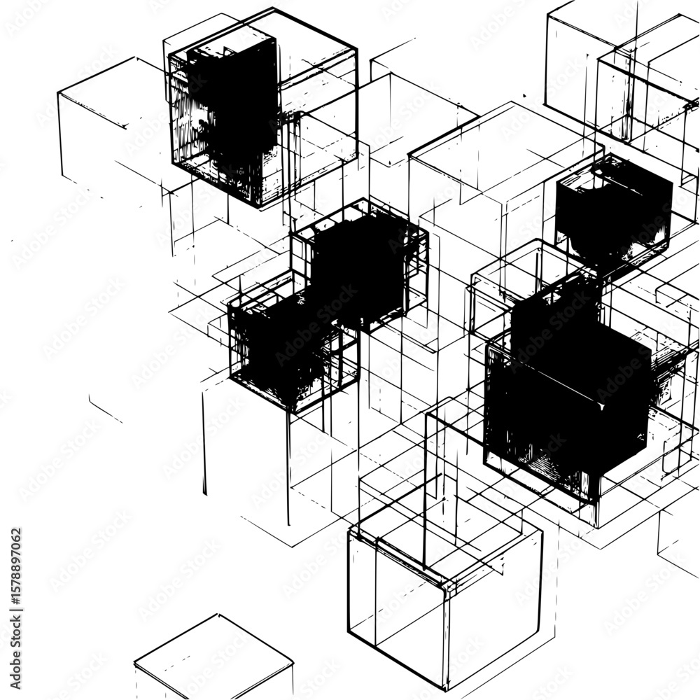 Poster abstract composition of translucent cubes with dark internal structures and line connections