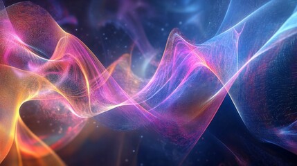 Abstract digital waves swirling with vibrant orange, pink, and blue hues on a dark backdrop