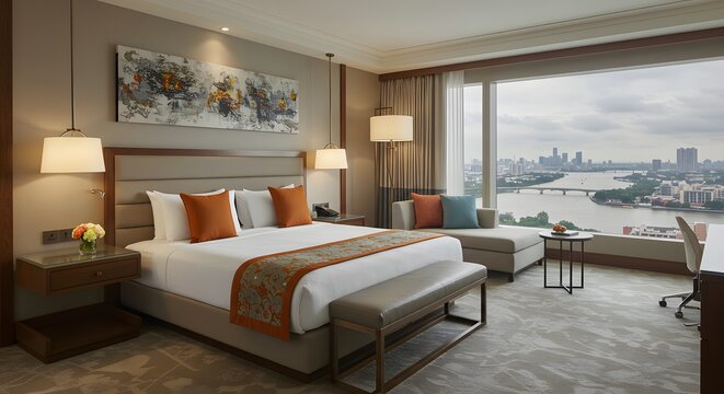 Luxurious hotel suite with a king size bed and a stunning city and river view from a large window