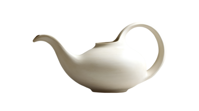 A simple white ceramic teapot with a curved spout and handle against a transparent background in studio light