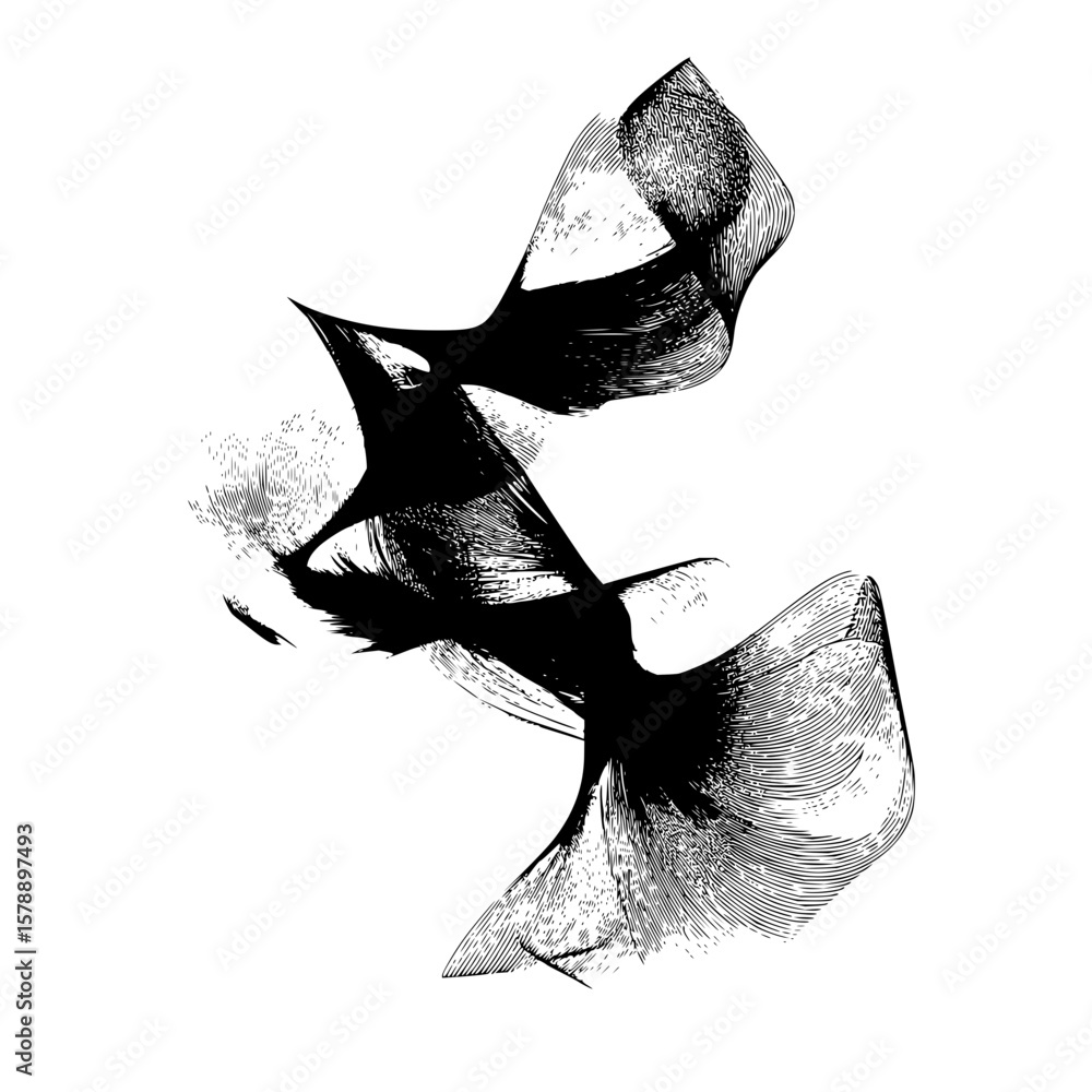 Poster abstract ink drawing featuring dynamic swirling shapes and textured lines on a white background art 