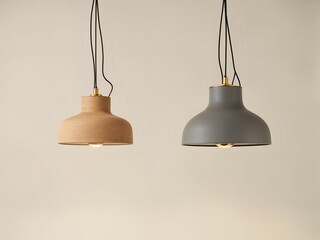Obraz premium Realistic image of a pair of modern pendant lamps with brass fittings and black cords hanging in front of a solid off-white backdrop.