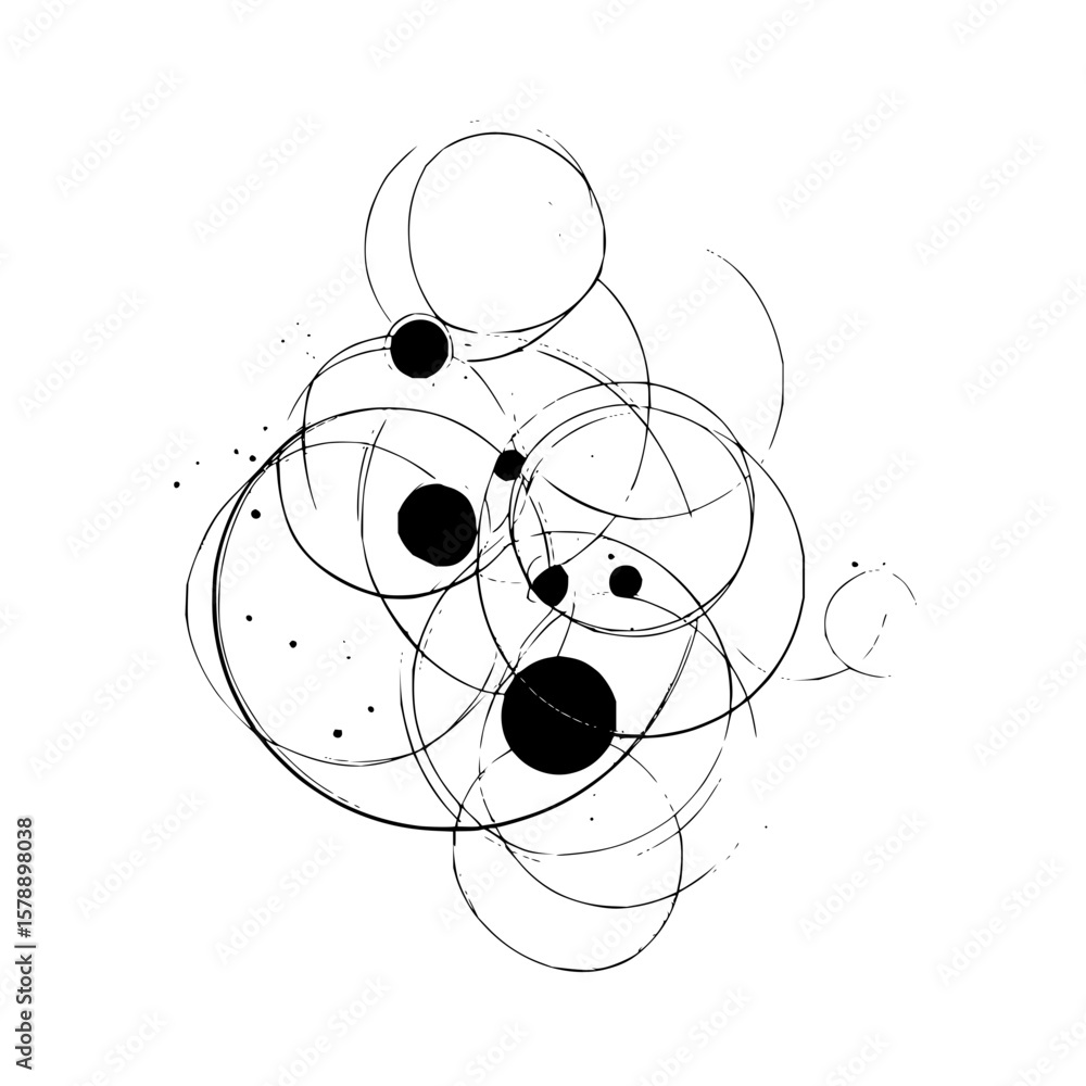 Poster abstract arrangement of overlapping circles and solid black dots on a white background design elemen
