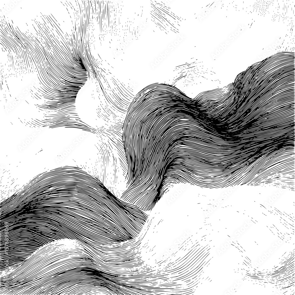 Poster abstract black and white landscape with wavy lines creating a sense of depth and movement in artwork