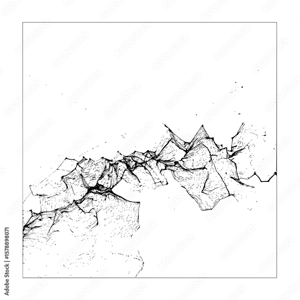 Poster abstract black and white drawing of a jagged line with intricate details and flowing lines design