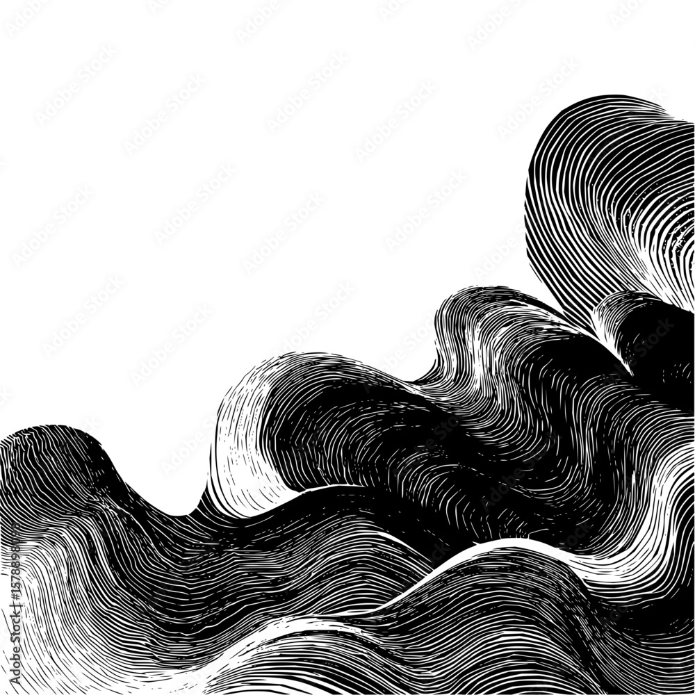 Poster abstract waves illustration with detailed line work in black and white creating a dynamic flow effec