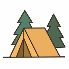 Yellow camping tent surrounded by green pine trees. Great for nature, forest camping, and outdoor travel designs.