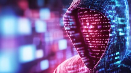 Digital Intrusion: Hacker lurking in the shadows, face obscured by hoodie and digital code, embodying cyber threat and security risk in the digital age.