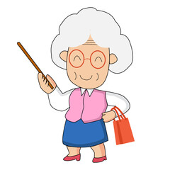 Cartoon Illustration of Elderly Woman with Stick