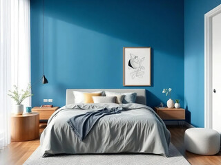 Modern luxury bedroom interior in minimal scandinavian  style, blue color