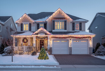 A photograph of the front yard and garage roof decorated with Christmas lights, showing bright white light bulbs in red, green, and yellow colors on an American-style suburban home at night