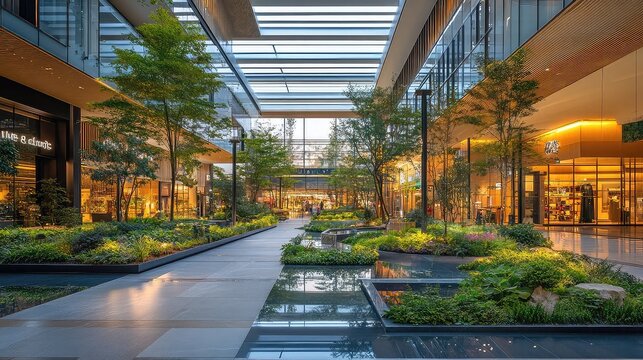 Malls with integrated green spaces promoting shopping experiences, natural light, indoor gardens, sustainable building design, community hubs, and innovative retail architecture.
