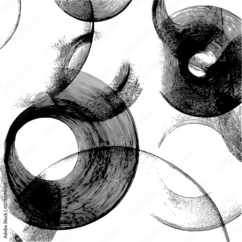Poster abstract black and white image featuring overlapping textured circles and curved lines creating a pa