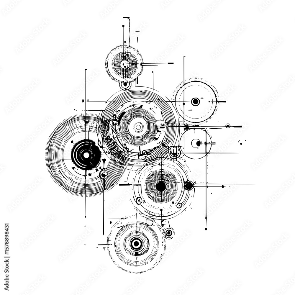 Aufkleber abstract composition featuring multiple circles and lines in a black and white graphic design style