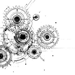 Detailed sketch of interconnected gears and mechanical components in black and white style art