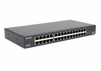 Twenty-Four Port Network Switch with Indicator Lights on a White Background