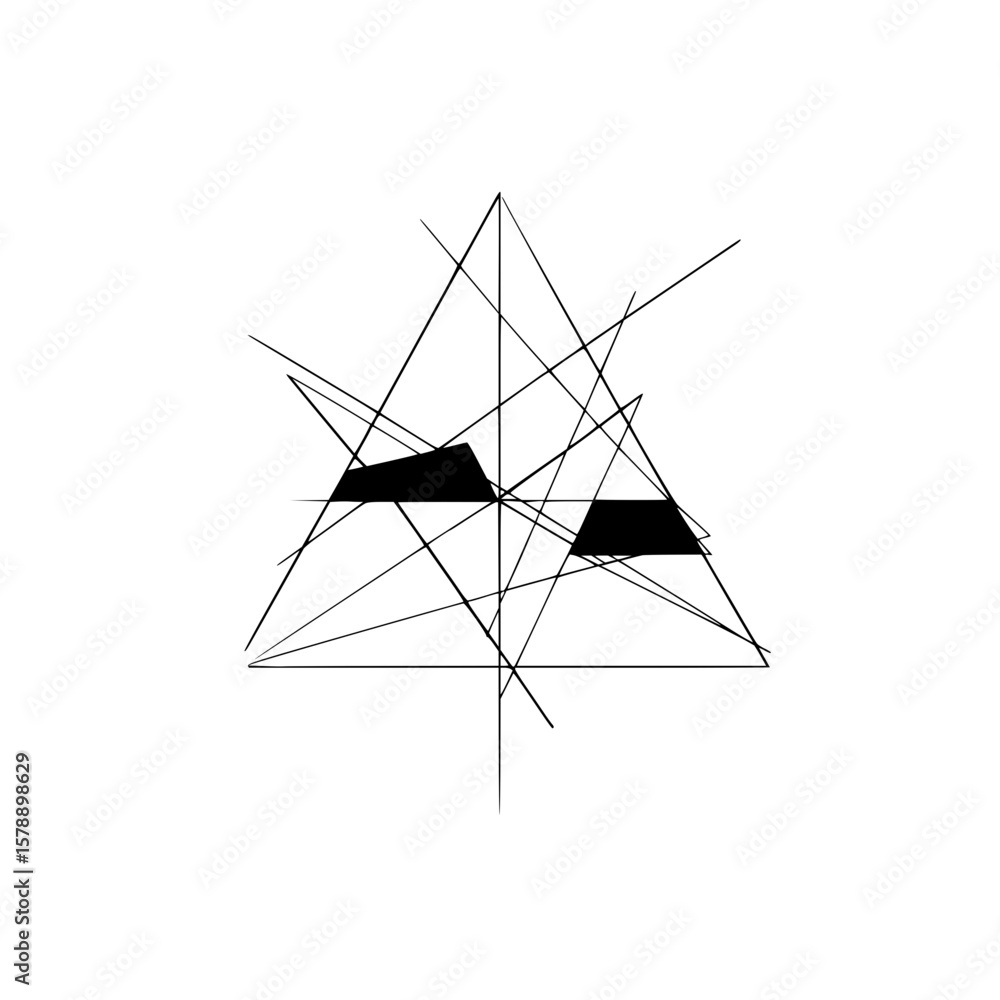 Poster abstract geometric composition featuring a triangle with intersecting lines and black shapes near th