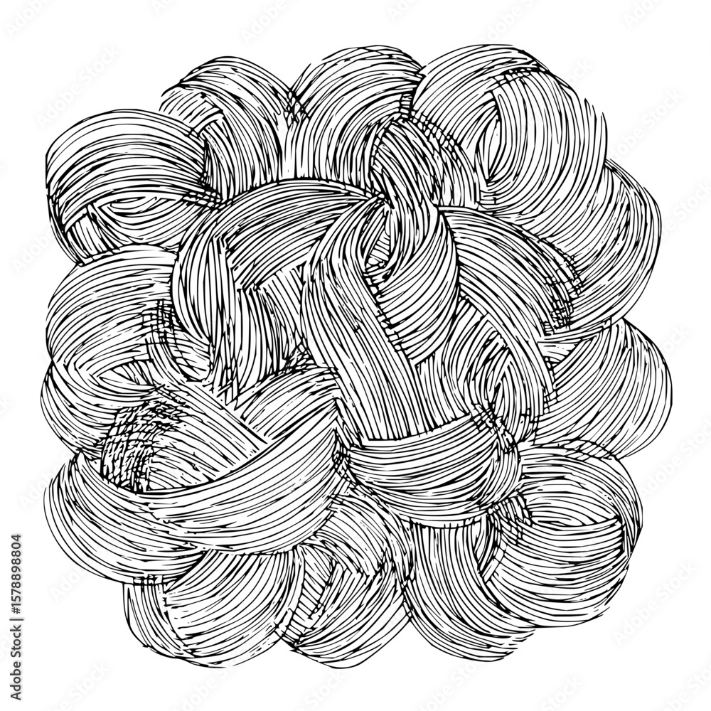 Poster abstract illustration of intertwined black lines forming a dense circular pattern design element