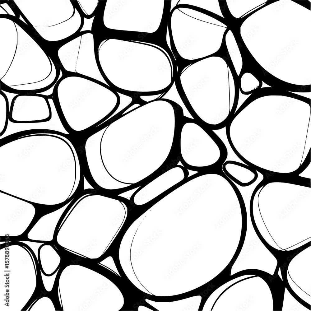 Poster black and white abstract pattern of rounded shapes with thick outlines creating an organic design lo