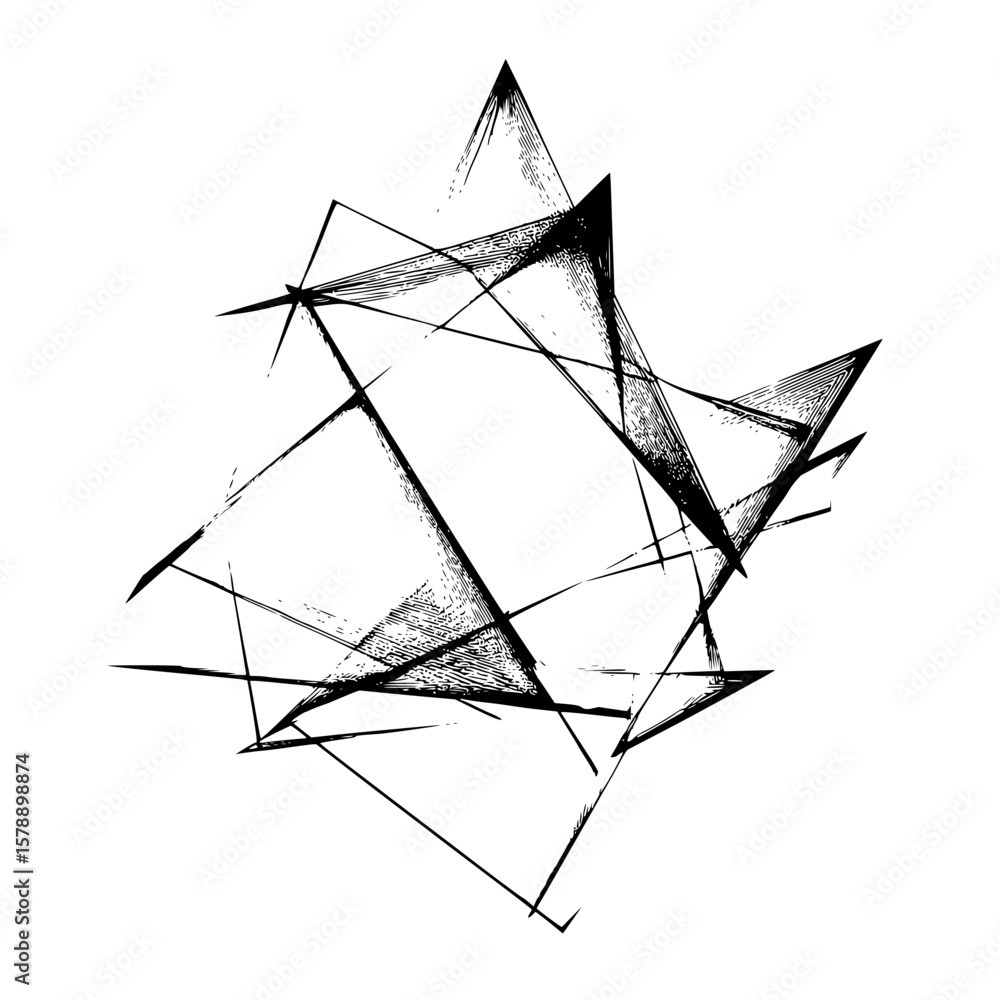 Poster abstract composition of intersecting lines forming triangular shapes with rough edges and textures