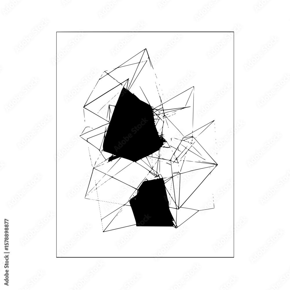 Poster abstract geometric composition featuring black polygons and intersecting lines in a white square fra