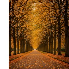 Fototapeta premium Autumn tree lined path covered in fallen orange leaves 1
