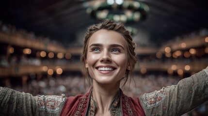 Joyful young woman in elegant traditional dirndl outfit