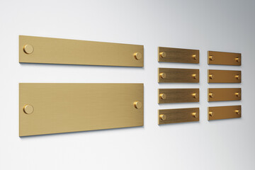 Blank golden metal signage panels mounted on wall in clean hallway interior for office or business branding mockup concept with perspective view. 3D Rendering