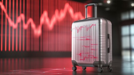 Suitcase with red stock market graph in background.