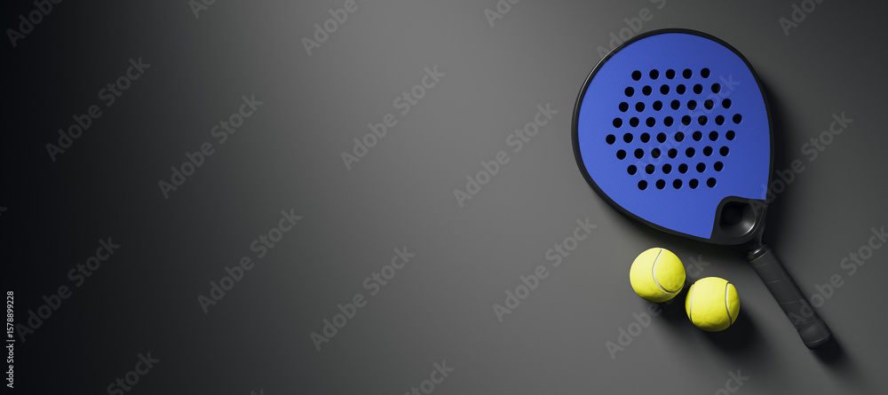 Aufkleber blue padel racket with two yellow balls on dark grey surface under soft light, minimalistic sport ob