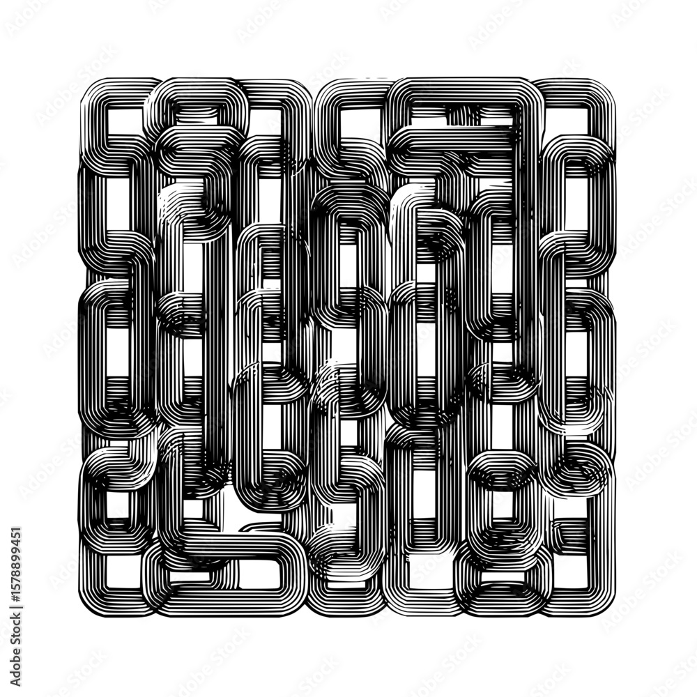 Poster dense arrangement of elongated shapes with rounded corners featuring multiple parallel lines and bla