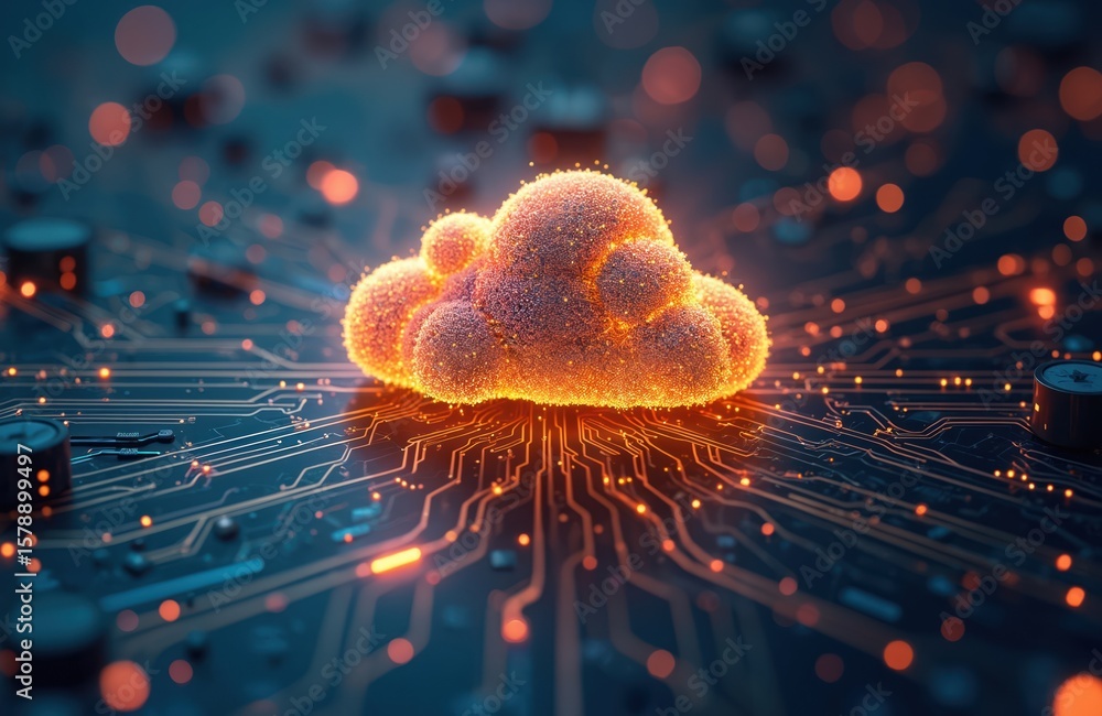 Poster cloud computing concept. 3d digital cloud connected to circuit board with glowing lines nodes repres