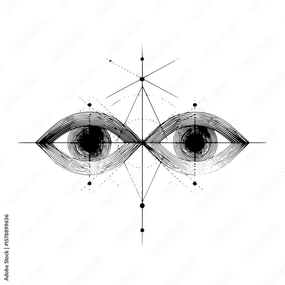Poster abstract symmetrical eye illustration with geometric lines and dot patterns in black and white style