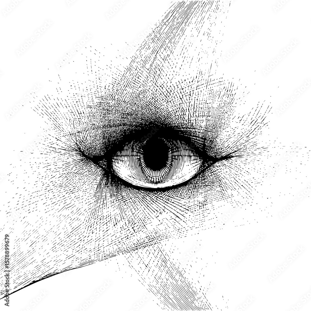 Poster detailed monochrome drawing of a human eye with intricate hatching and radial line patterns surround