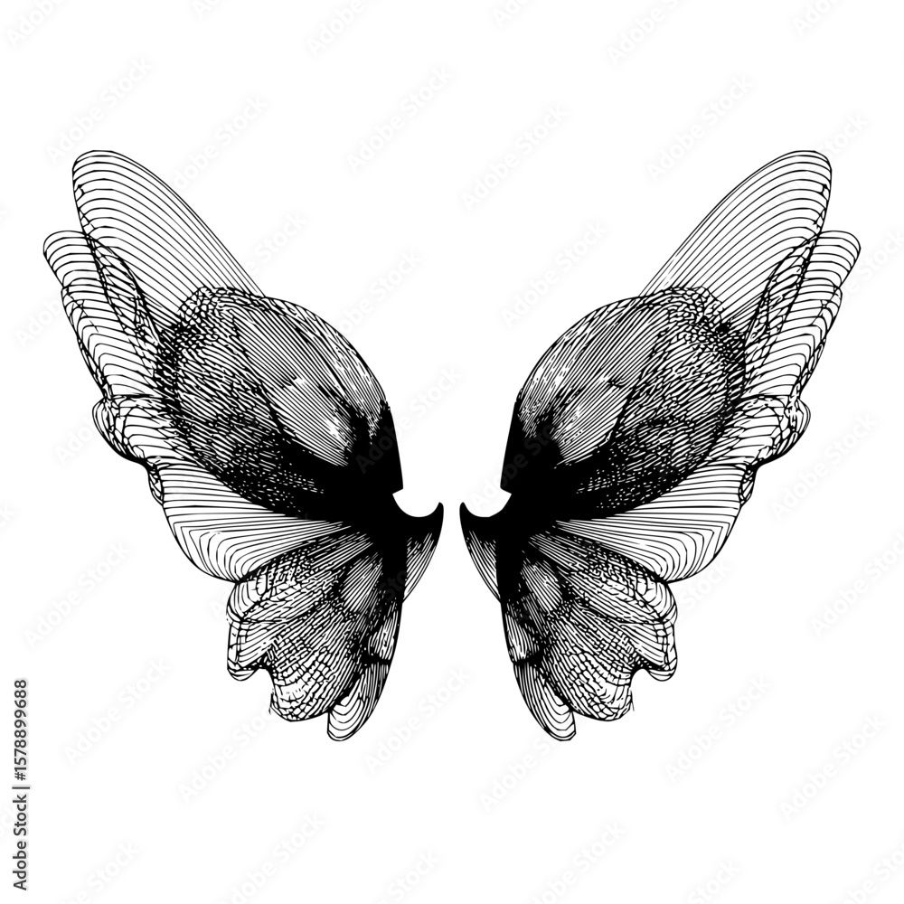 Poster abstract illustration of symmetrical butterfly wings with intricate line work and detailed patterns 