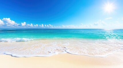 Tropical Paradise: A mesmerizing shot of a sun-kissed beach, showcasing a pristine shoreline where gentle waves caress the fine sand. The expansive, azure sky provides a striking backdrop.