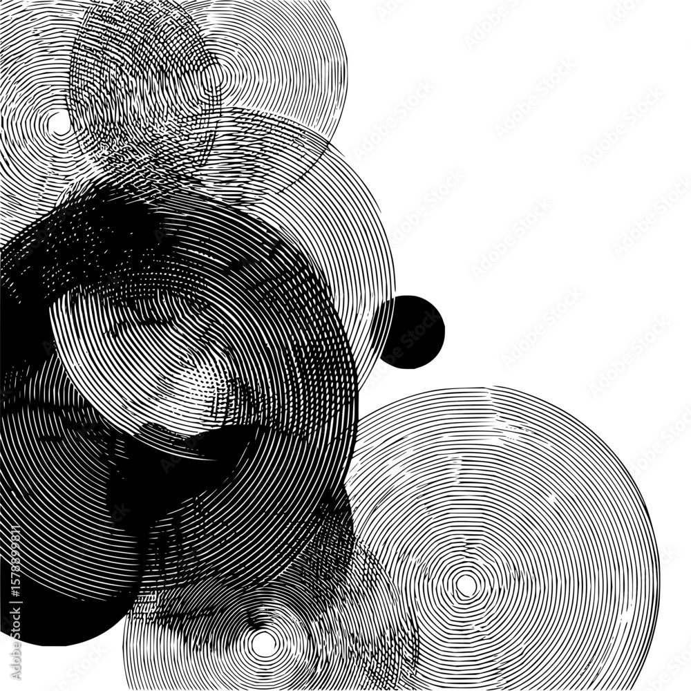 Poster overlapping concentric circles in black and white creating an abstract design with a small solid cir