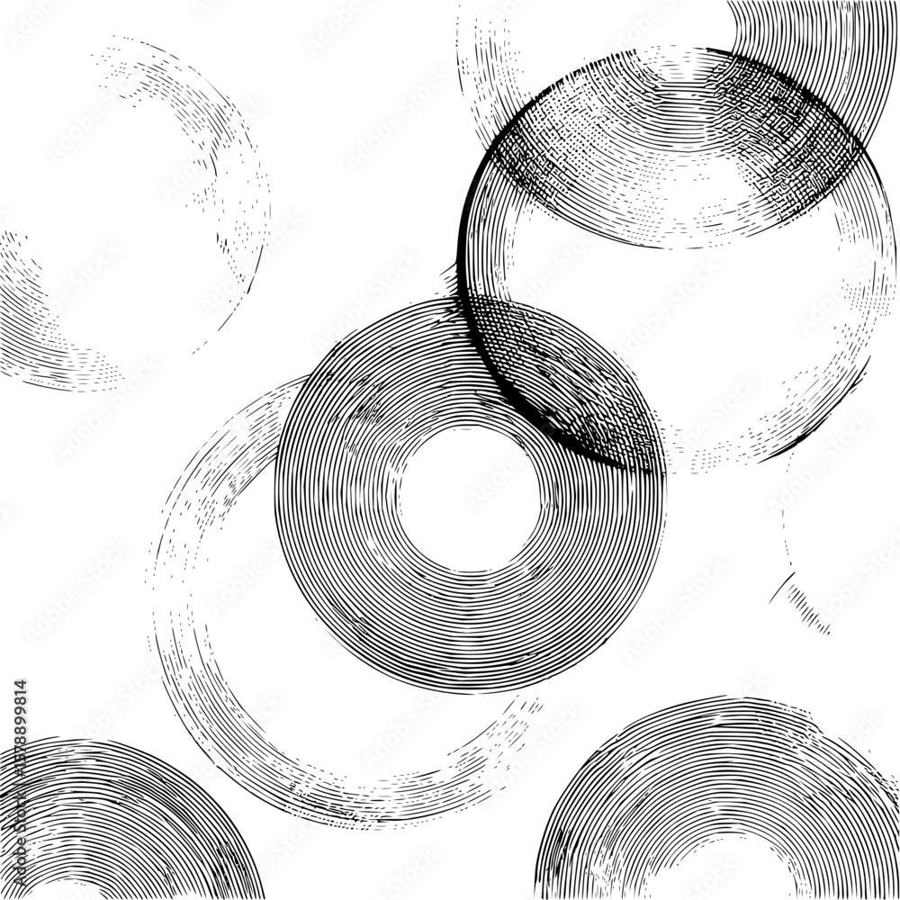 Poster abstract circles pattern with black lines in varying sizes and orientations on a white background de