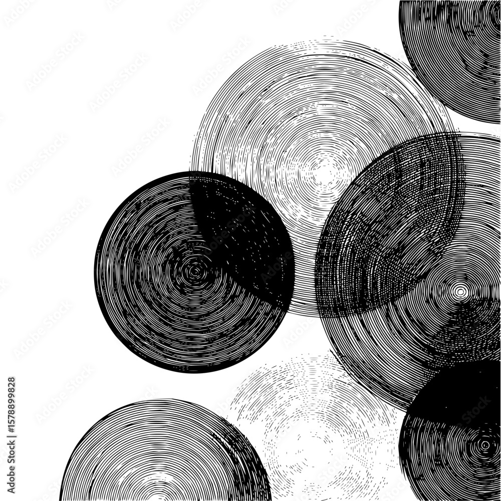 Poster overlapping circles with concentric line patterns in black and white creating an abstract design art