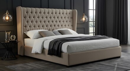 Luxurious upholstered wingback bed with tufted headboard and stylish bedside table