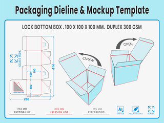 Packaging Dieline and Mockup Template. Self Lock Bottom Box. Dieline Real Shape and Dimension. Mockup Template. Fully editable vector. Equipped die cut lengths prepared for production.