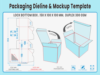 Packaging Dieline and Mockup Template. Self Lock Bottom Box. Dieline Real Shape and Dimension. Mockup Template. Fully editable vector. Equipped die cut lengths prepared for production.