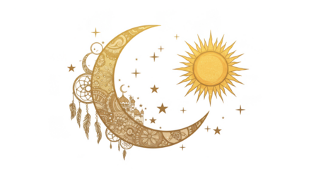 Gold Moon Sun Stars Celestial Illustration Decorative Shine Night Design