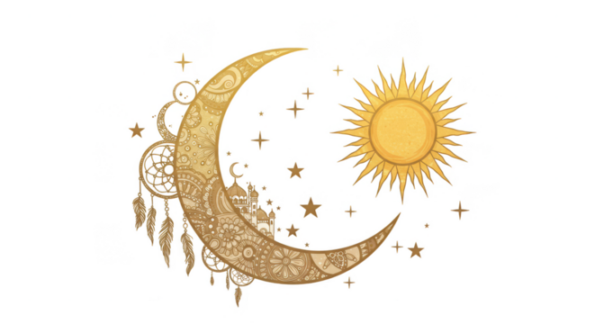 Gold Moon Sun Stars Celestial Illustration Decorative Shine Night Design