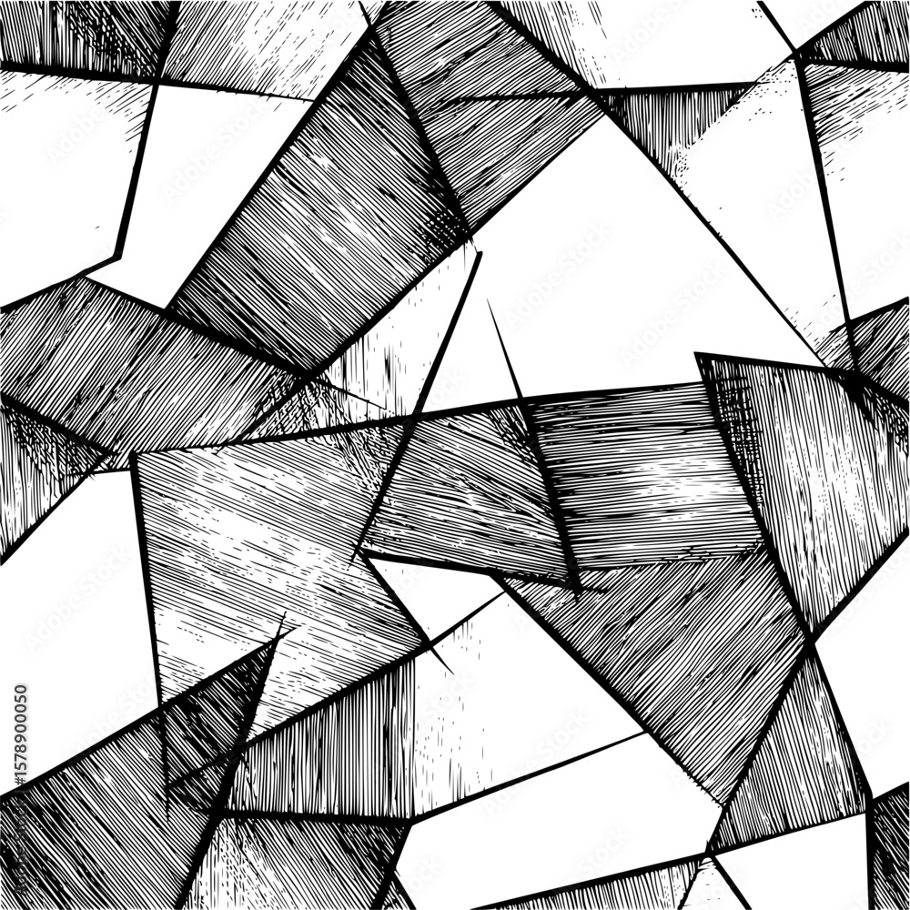Poster abstract geometric pattern with irregular polygons and hatching in black and white monochrome style 