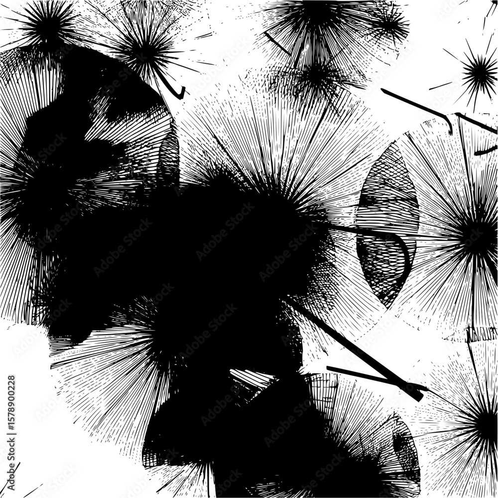 Poster abstract black and white image featuring radial patterns and dense dark shapes creating contrast art